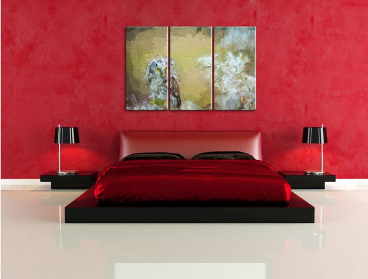 Pixxprint Kleiner Kauz auf AST / 3-Teilig/Gesamtmass 120cm Leinwandbild bespannt auf Holzrahmen/Wand