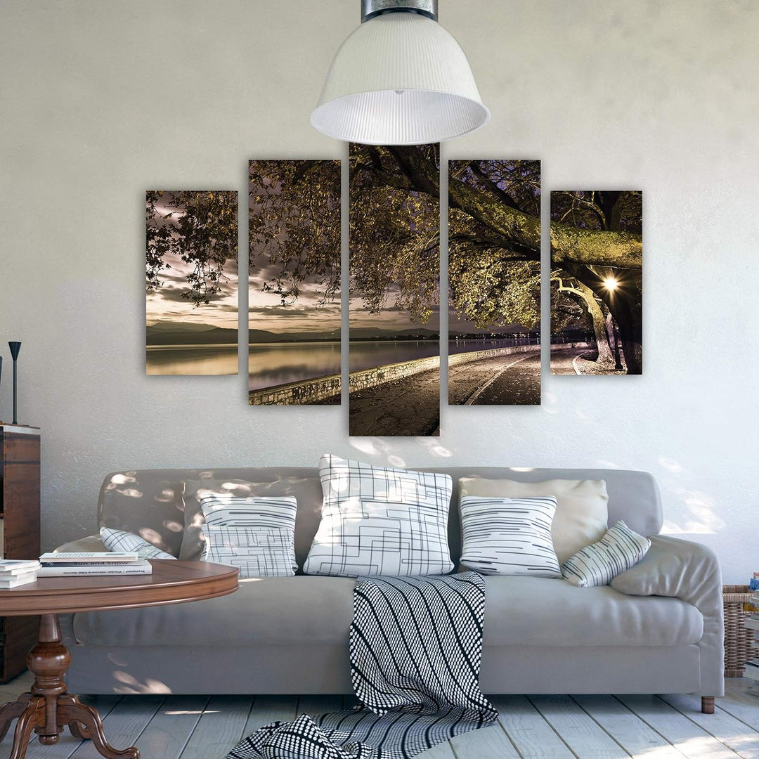Feeby Bild auf Leinwand Landschaft 5 Teilig Modern Weg Bäume See Abend bunt 150x100 cm Leinwandbild