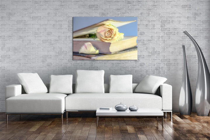 deyoli weisse Rose im Buch Format: 100x70 als Leinwand, Motiv fertig gerahmt auf Echtholzrahmen, Hoc