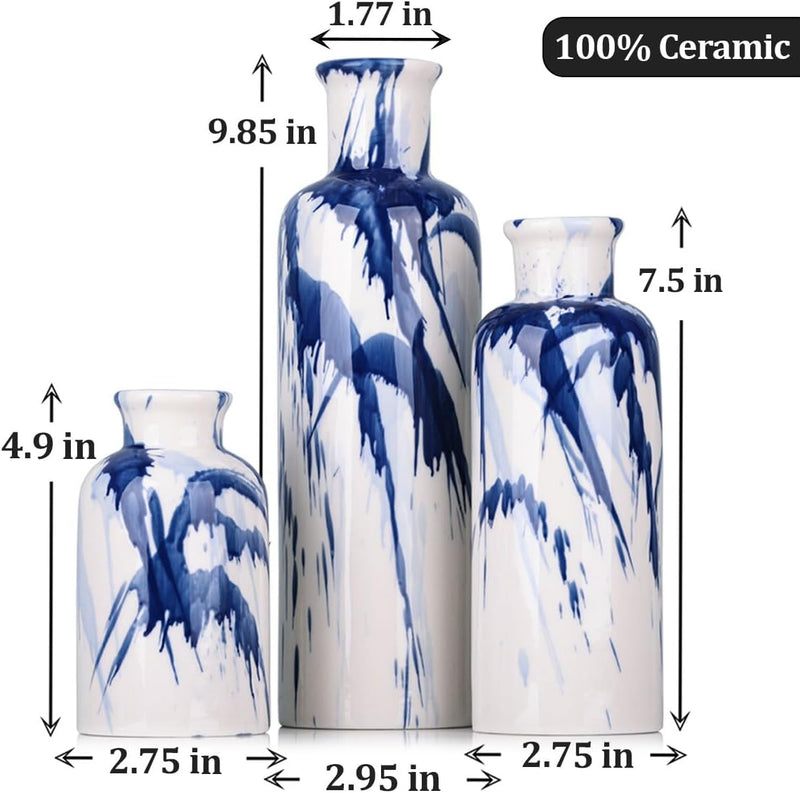 Blaue Keramikvase, 3er-Set – dekorative marineblaue und weisse Vase für Tafelaufsätze, Bauernhaus- u