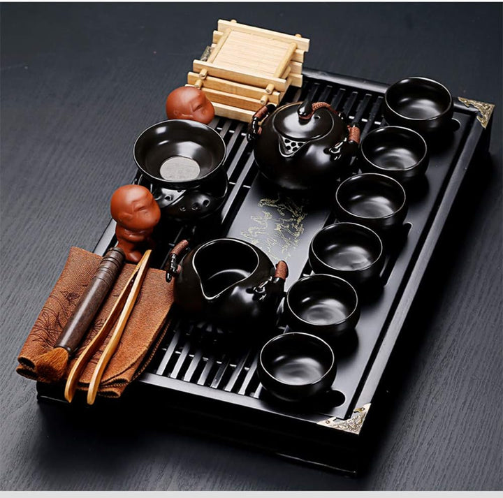 fanquare Chinesisches Kung Fu Teeset aus Schwarzer Keramik mit Teetablett und Kleinen Teewerkzeugen,