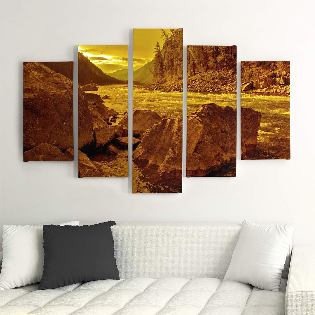 Feeby Wandbild Landschaft 100x70 cm - Deco Panel - 5 Teilig - Kunstdruck Steine braun Deco Panel 100