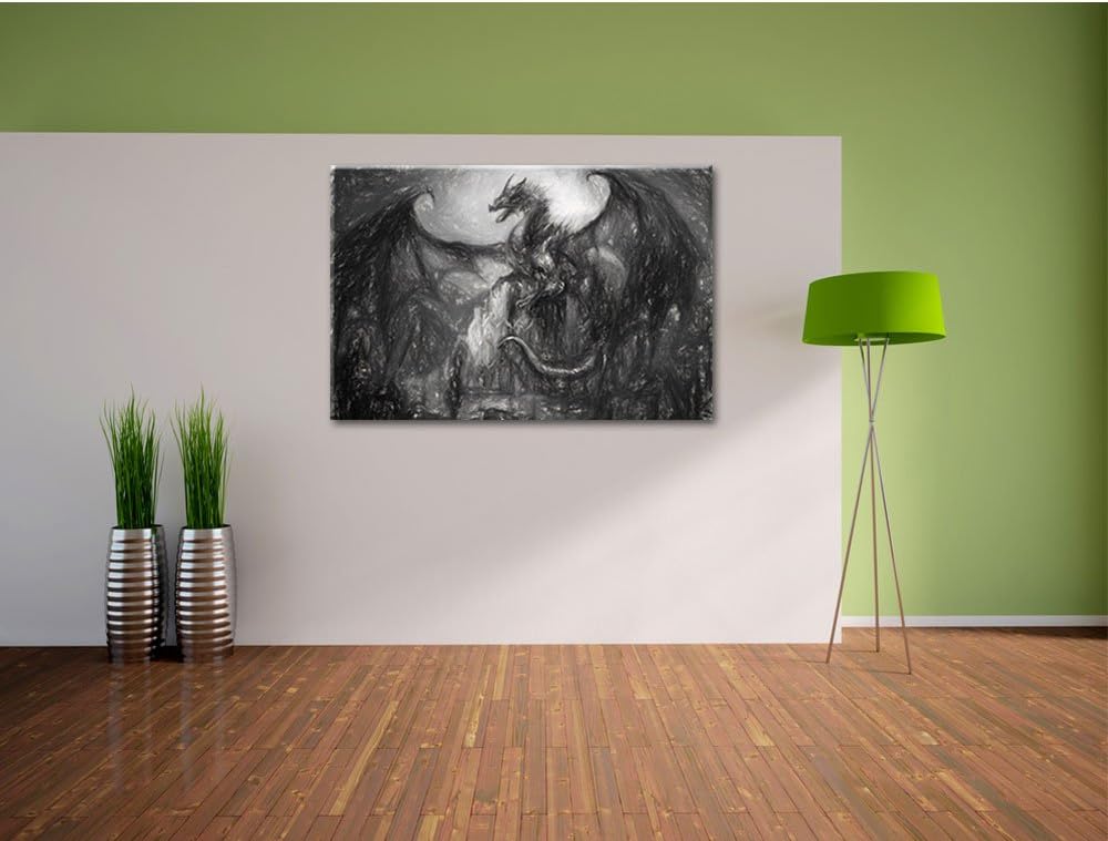 Pixxprint Drache schützend über Burg / 100x70cm Leinwandbild bespannt auf Holzrahmen/Wandbild Kunstd