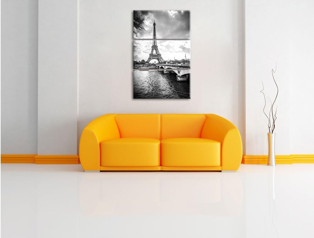 Pixxprint Eiffelturm in Paris Kunst B&W / 3-Teilig/Gesamtmass 120cm Leinwandbild bespannt auf Holzra