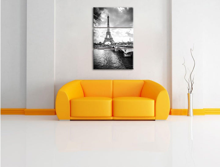 Pixxprint Eiffelturm in Paris Kunst B&W / 3-Teilig/Gesamtmass 120cm Leinwandbild bespannt auf Holzra