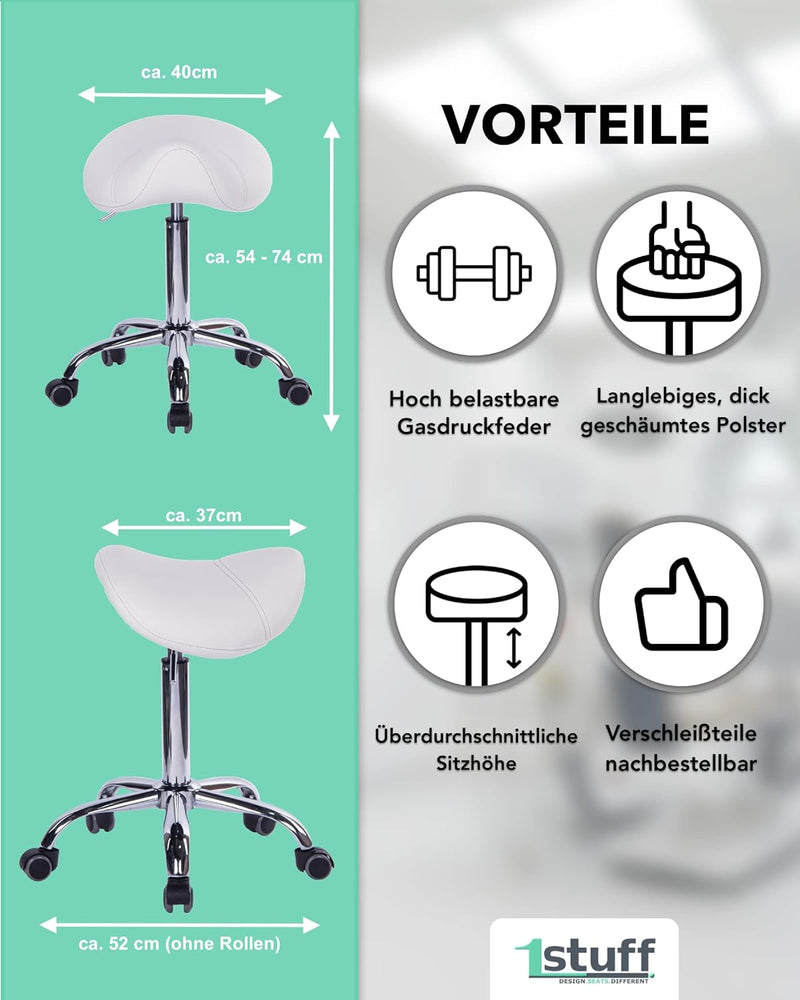 1stuff® Sattelhocker Sattelstuhl MULY - Sitzhöhe bis ca. 74cm - ergonomischer Rollhocker Bürohocker