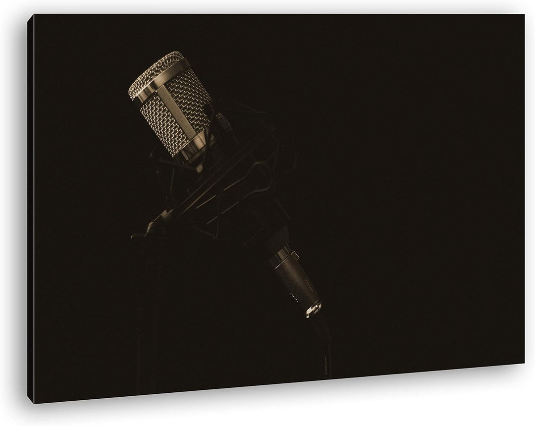 Mikrofon im dunklen Tonstudio Format: 80x60 Effekt: Sepia als Leinwand, Motiv fertig gerahmt auf Ech