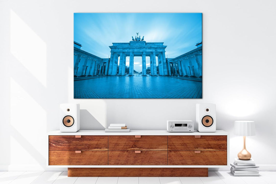 deyoli Brandenburger Tor mit Sonnenstrahlen Format 80x60 Effekt: Monocrome Blau als Leinwandbild, Mo