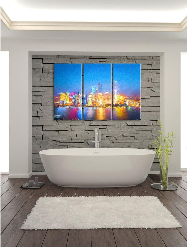 Pixxprint Skyline von Shanghai Bunstift Effekt 3-Teiler Leinwandbild 120x80 Bild auf Leinwand