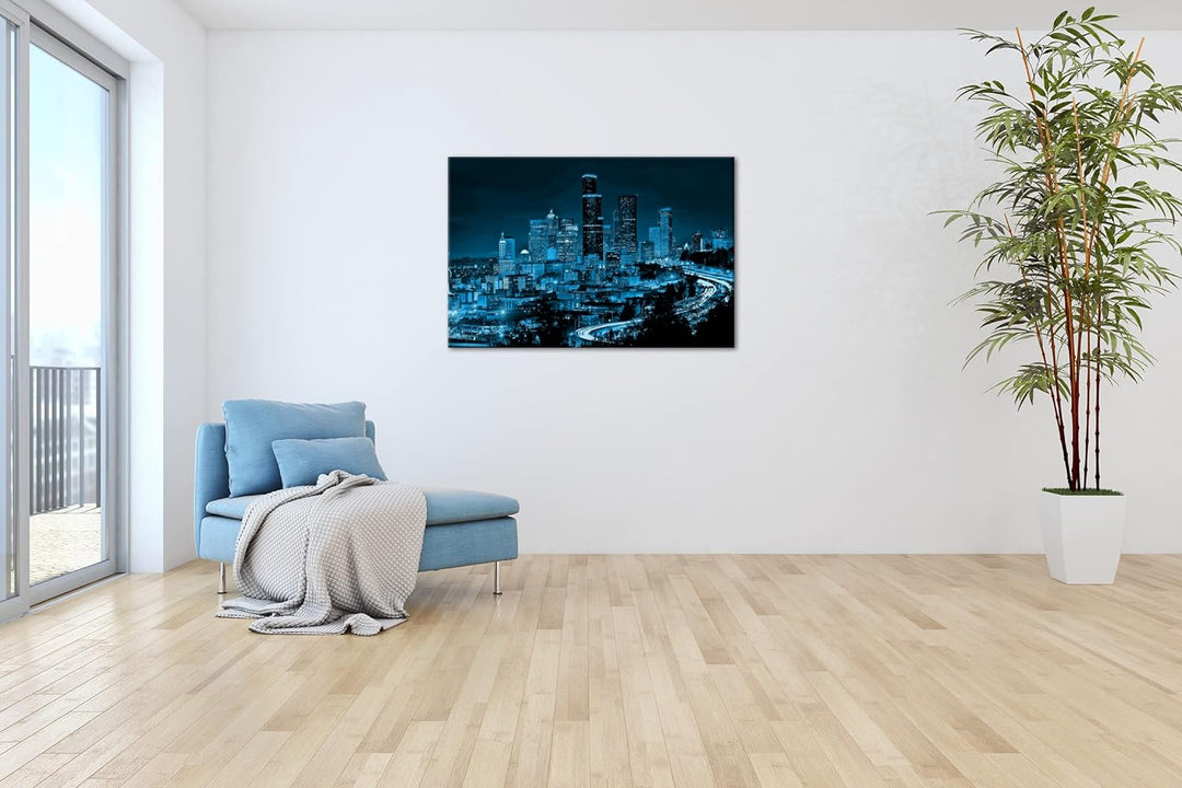 deyoli belebte Skyline von Seattle bei Nacht Format 80x60 Effekt: Monocrome Blau als Leinwandbild, M