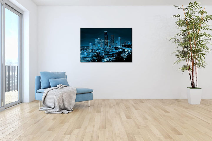 deyoli belebte Skyline von Seattle bei Nacht Format 80x60 Effekt: Monocrome Blau als Leinwandbild, M