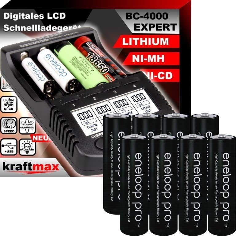 kraftmax Original BC-4000 EXPERT Ladegerät + 8 Panasonic Eneloop Pro Mignon AA Akkus - Set mit Lades