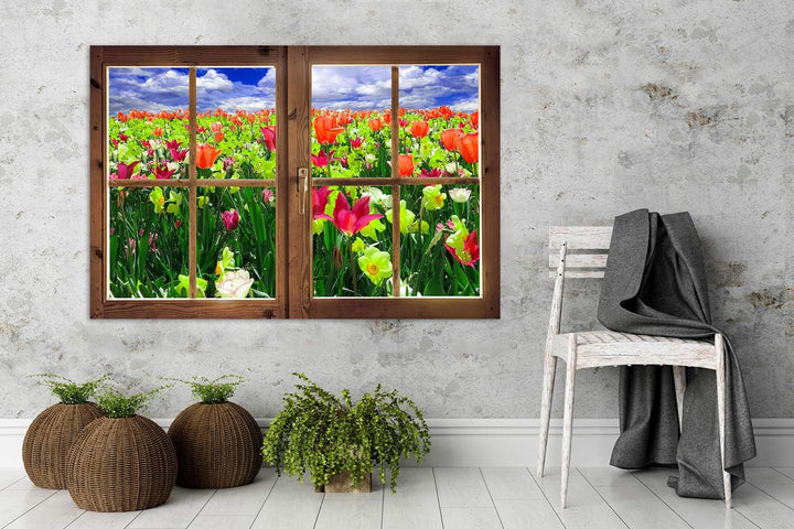 Wanddeko Fenster 3D Illusion Kunst Modern Art Bilder Blumen mehrfarbig 90x60 cm Deko paneel 90x60 cm