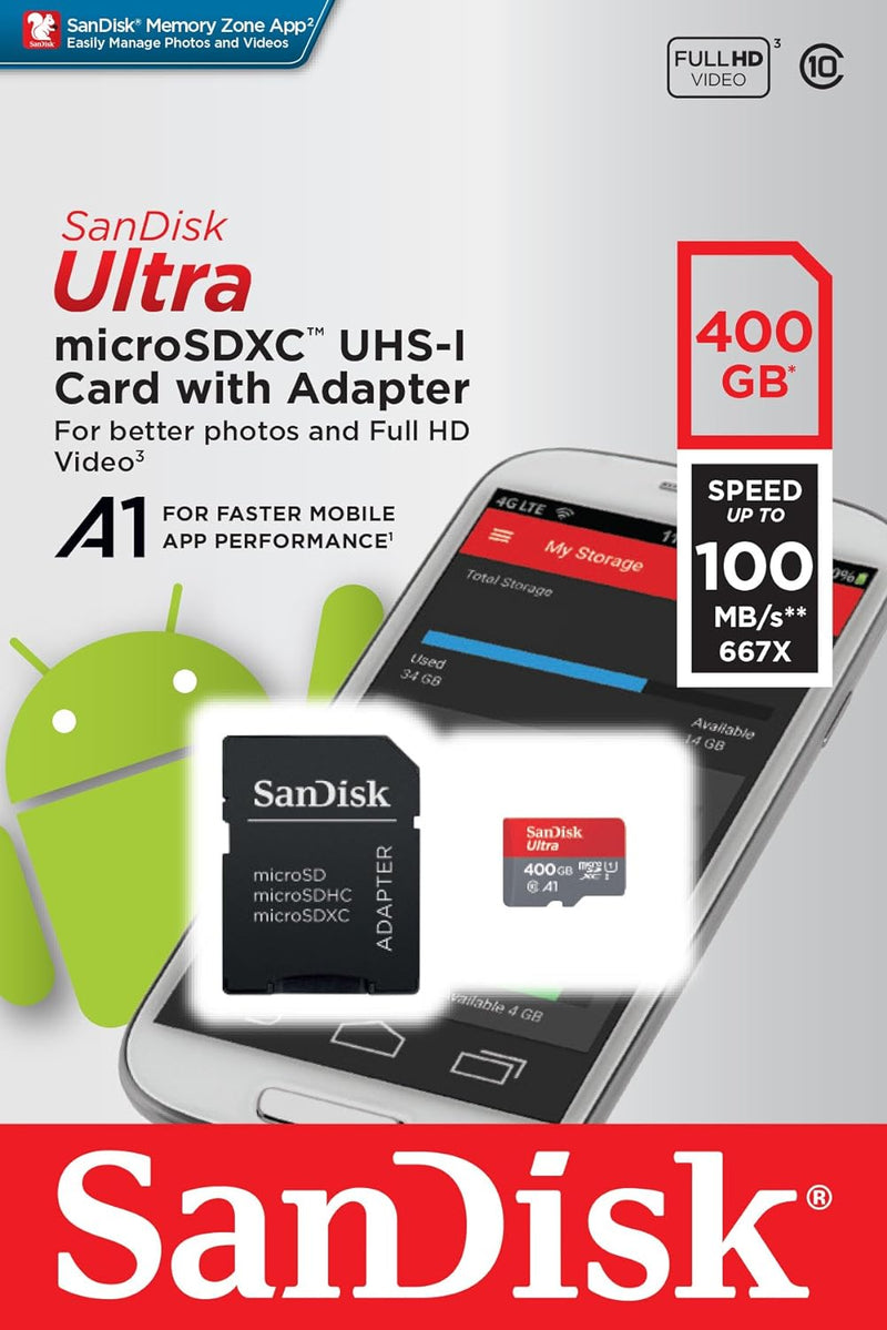 SanDisk Ultra microSDXC UHS-I Speicherkarte 400 GB + Adapter (Für Smartphones und Tablets, A1, Class