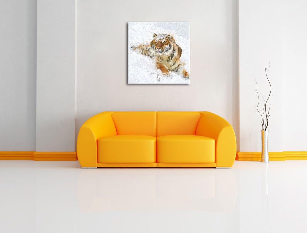Pixxprint Amur Tiger im Schnee als Leinwandbild | Grösse: 70x70 cm | Wandbild | Kunstdruck | fertig