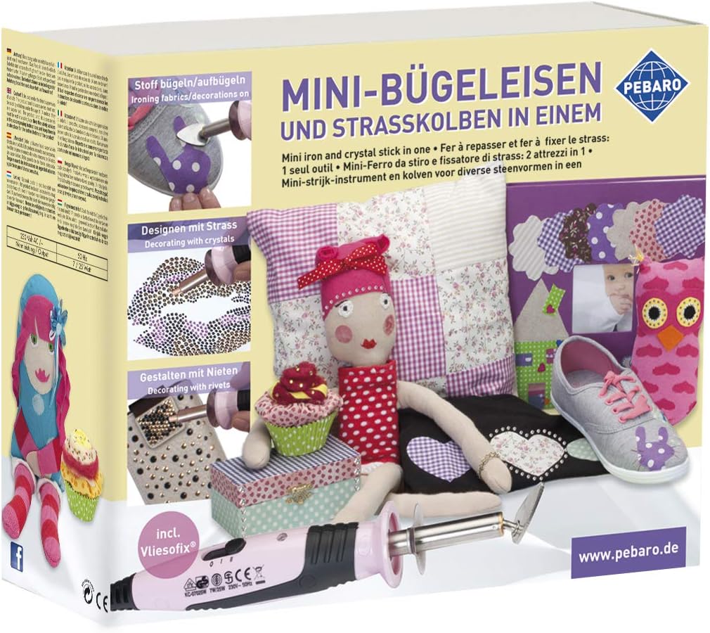 Pebaro 0217 Bastelset: Mini-Bügeleisen und Strasskolben, 2 Heizstufen, 14 Aufsätze, Vliesofix, 576 S