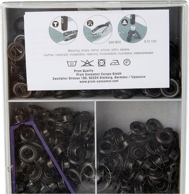 Prym 1 542416 Ösen und Scheiben MS 5,0 mm, Brass, schwarz, 5 mm Innen Ø, brüniert, 500 Stück