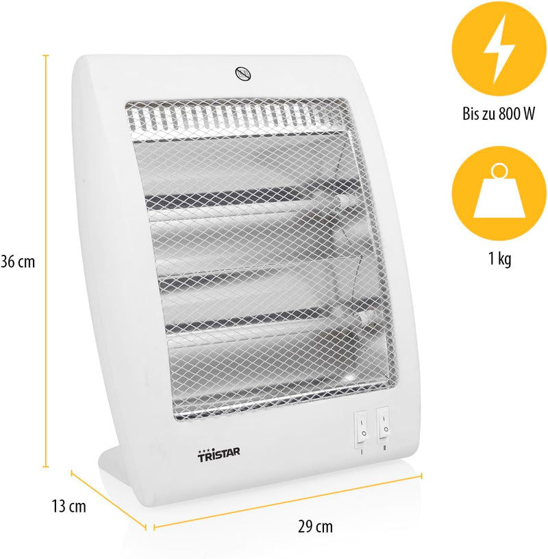 Tristar Heizstrahler KA-5127 – 2 Heizeinstellungen: 400 W und 800 Überhitzungsschutz Kippschutz, Wei