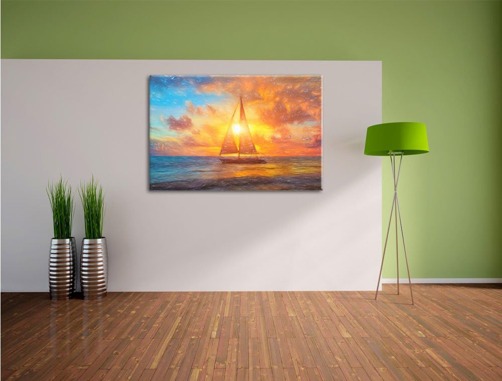 Pixxprint Segelboot nahgelegen der Küste im Sonnenuntergang Kunst Buntstift Effekt, Format: 100x70 a
