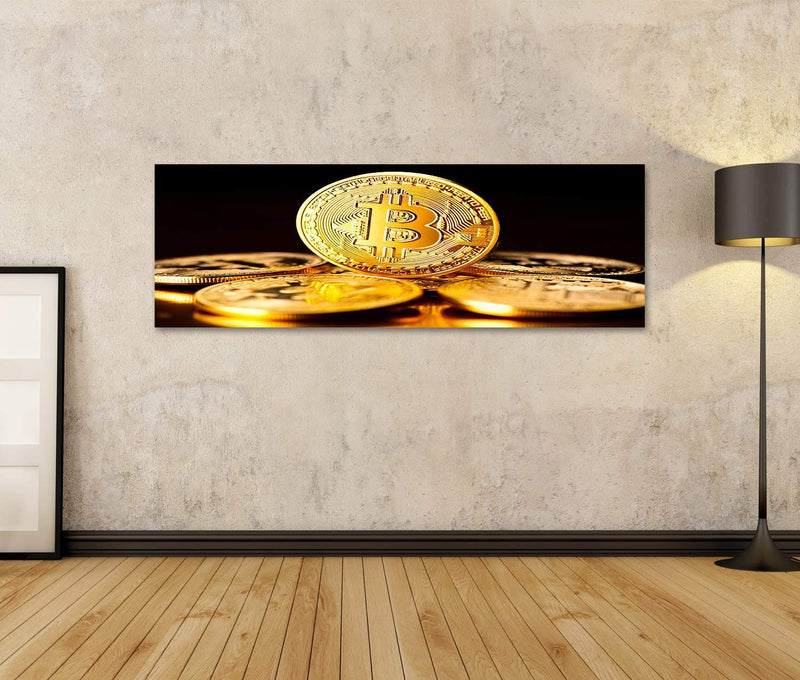 Bild Bilder auf Leinwand Bitcoin Krypto-Währung BTC-Münzen auf schwarzem Hintergrund Blockchain-Tech