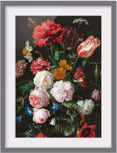 Bild mit Rahmen - J. D. de Heem Stillleben Blumen Vase - Farbe Grau 70 x 50cm 70cm x 50cm Grau, 70cm