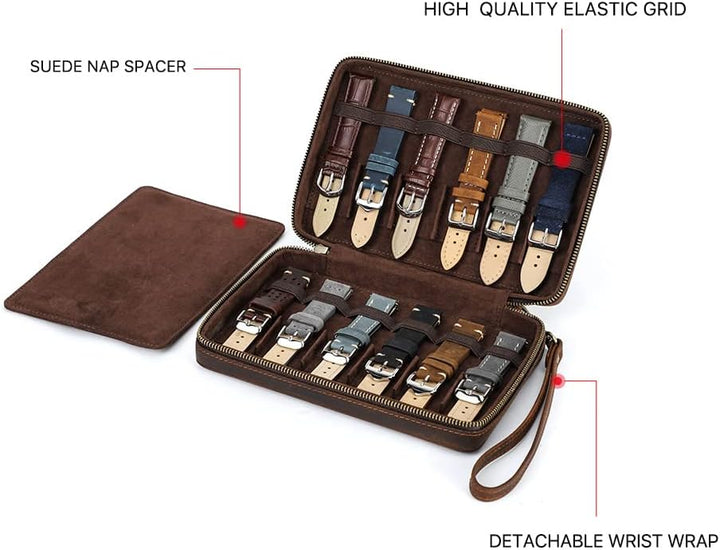 Contacts Uhrenarmband-Box aus echtem Leder, mit Reissverschluss, Organizer für 12 Uhrenarmbänder, Re