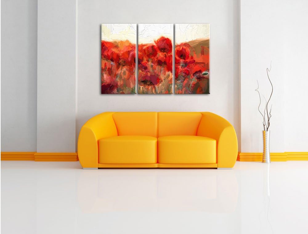 Pixxprint Feuriger Mohn Kunst / 3-Teilig/Gesamtmass 120cm Leinwandbild bespannt auf Holzrahmen/Wandb