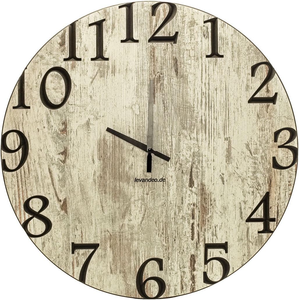levandeo Wanduhr 60cm rund Holz Markenuhr Klassische Ziffern Shabby Chic Made in Germany 60cm Shabby