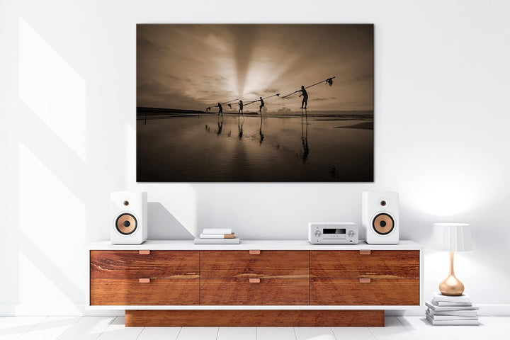 Küstenfischer bei der Arbeit Format: 80x60 Effekt: Sepia als Leinwandbild, Motiv fertig gerahmt auf