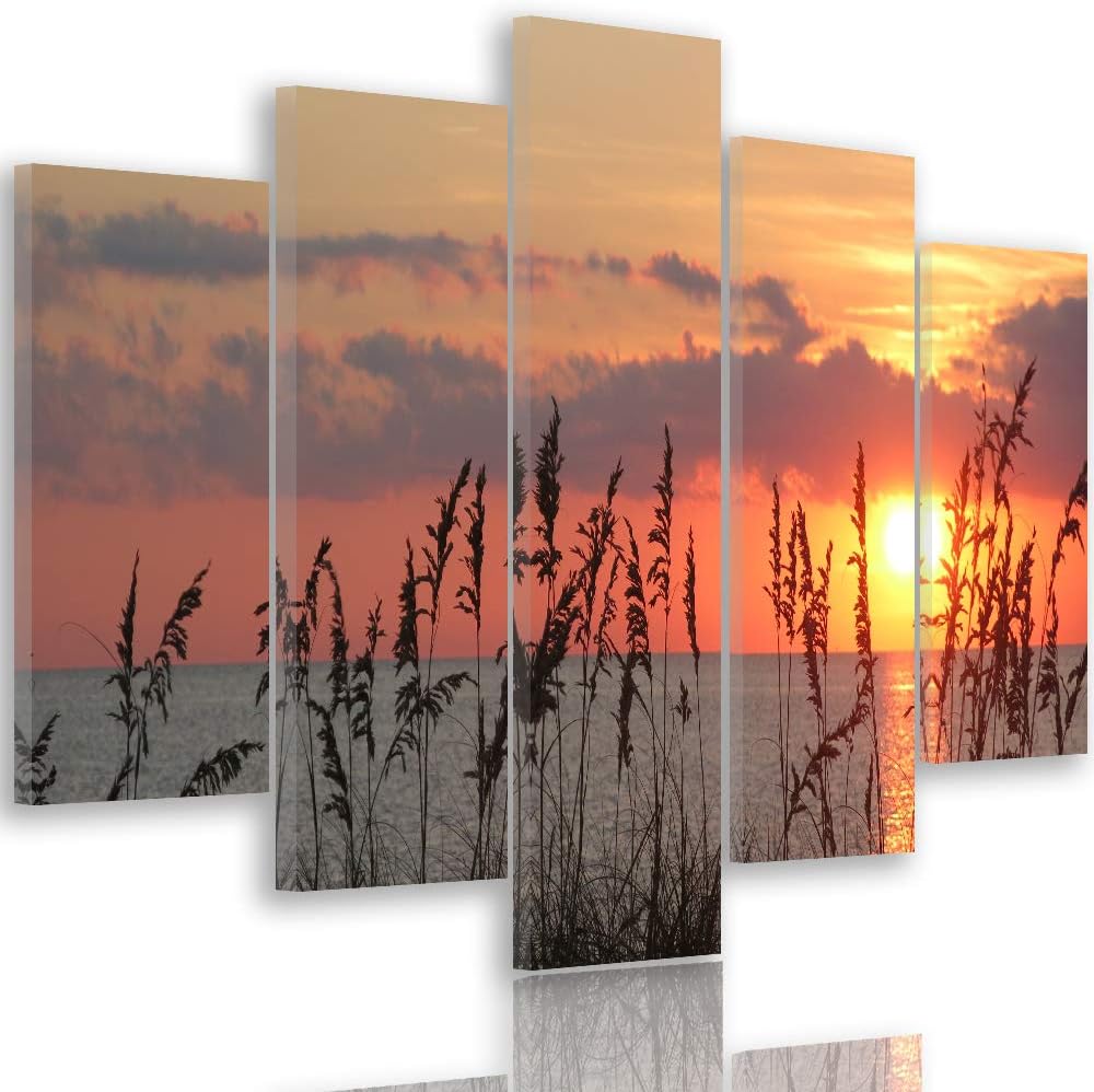 Feeby Bilder Landschaft 100x70 cm - Leinwandbild - 5 Teilig - Kunstdruck Gras bunt Leinwandbild 100x