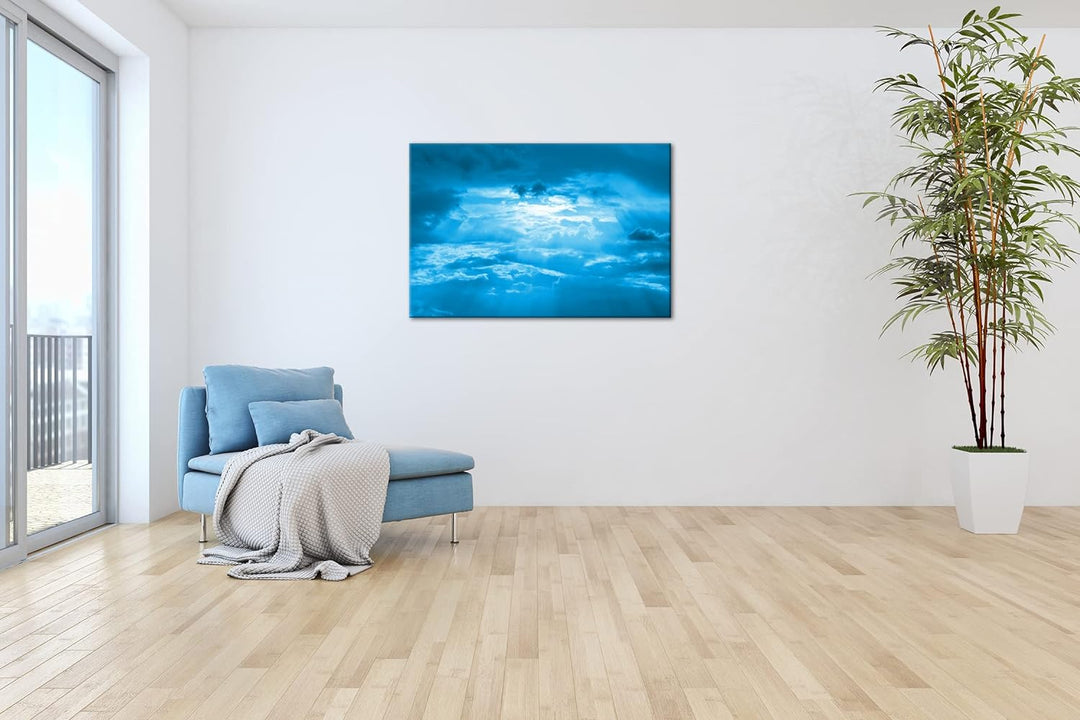 Licht bricht durch die Wolken Format 80x60 Effekt: Monocrome Blau als Leinwandbild, Motiv fertig ger
