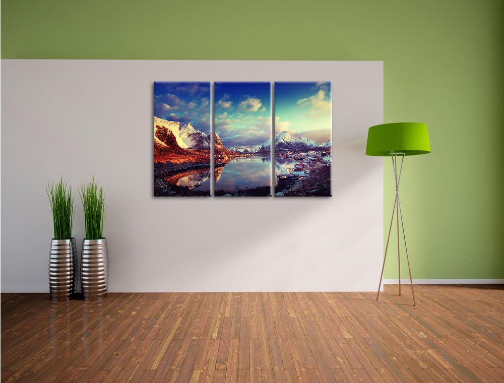 Pixxprint Schneelandschaft in einem Dorf in Norwegen 3-Teiler Leinwandbild 120x80 Bild auf Leinwand