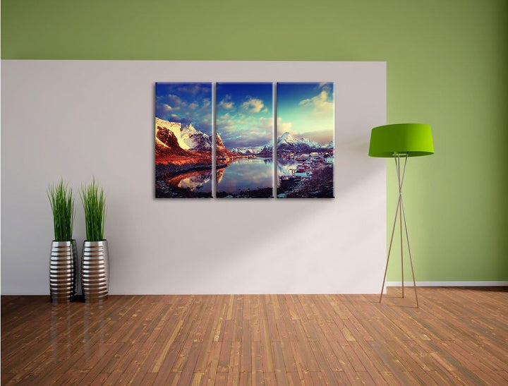 Pixxprint Schneelandschaft in einem Dorf in Norwegen 3-Teiler Leinwandbild 120x80 Bild auf Leinwand