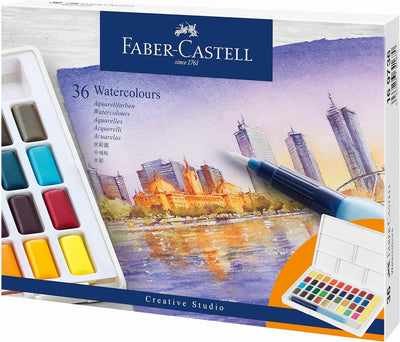 Faber-Castell 169736 - Aquarellfarben, 36 Stück in Näpfchen, inklusive Wassertankpinsel Einheitsgrös