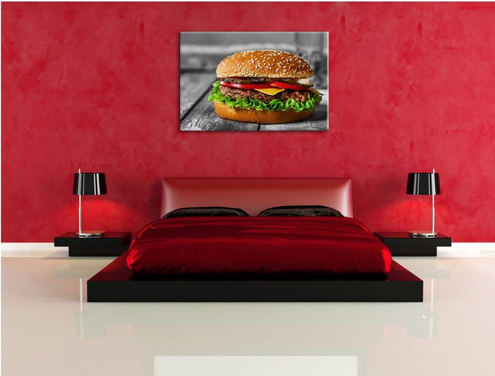appetitlicher Cheeseburger schwarz/weiss Format: 100x70 auf Leinwand, XXL riesige Bilder fertig gera