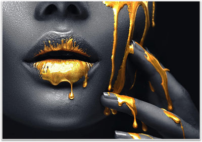 wandmotiv24 Poster als Wanddeko, Grösse 100x70cm, Frauen Lippen mit Goldener Farbe, Beauty, Frau, Ma