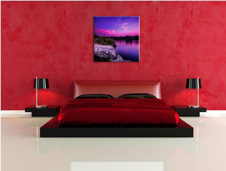 Lila Seelandschaft, Format: 70x70 auf Leinwand, XXL riesige Bilder fertig gerahmt mit Keilrahmen, Ku