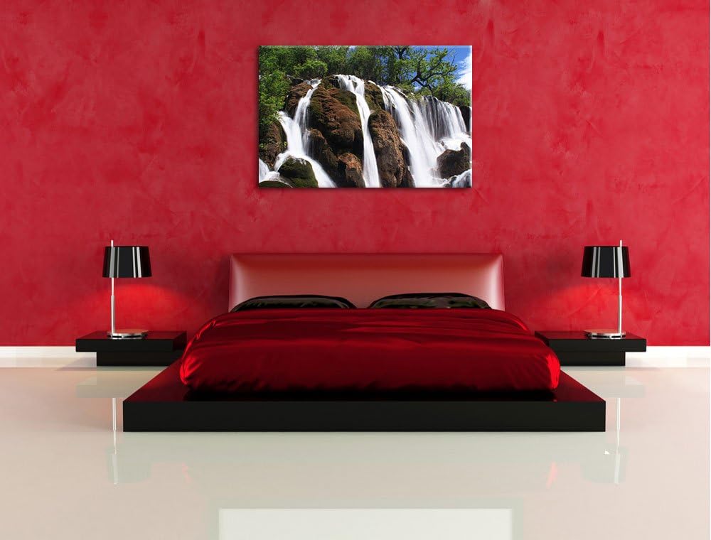 prachtvoller Wasserfall im Dschungel Leinwand, XXL riesige Bilder fertig gerahmt mit Keilrahmen, Kun