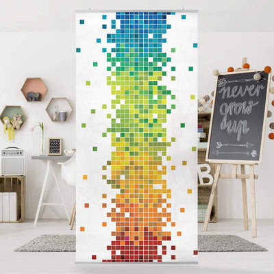 Raumteiler Kinderzimmer Pixel-Regenbogen 250x120cm inkl. transparenter Halterung 250x120cm incl. tra