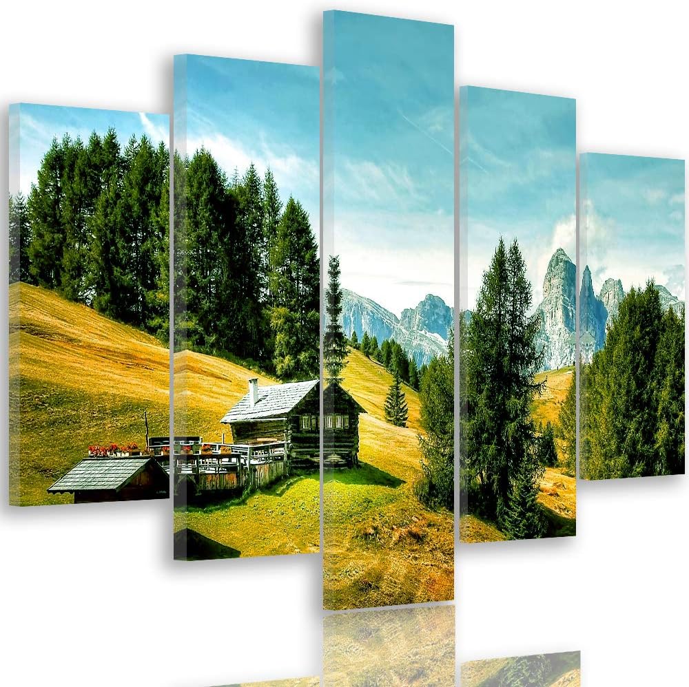 Feeby Bilder Berge 250x120 cm - Leinwandbild 5 Teilig XXL Kunstdruck Hütte Bäume grün Leinwandbild X