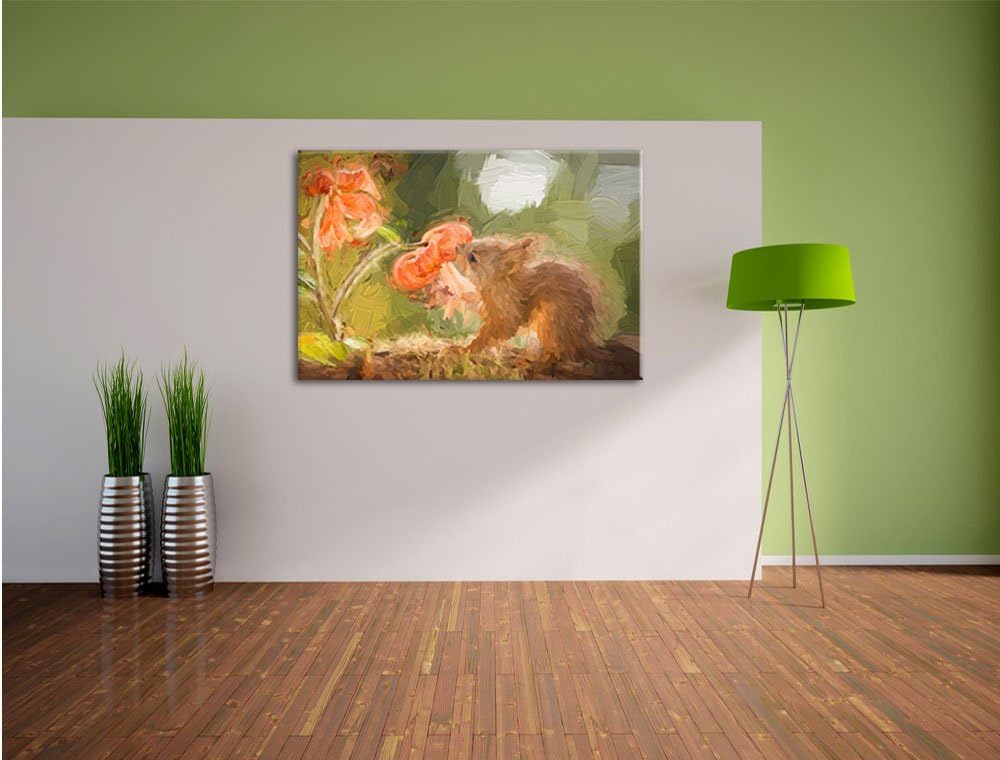 Pixxprint Eichhörnchen riecht an Einer Blume als Leinwandbild/Grösse: 100x70 cm/Wandbild/Kunstdruck/