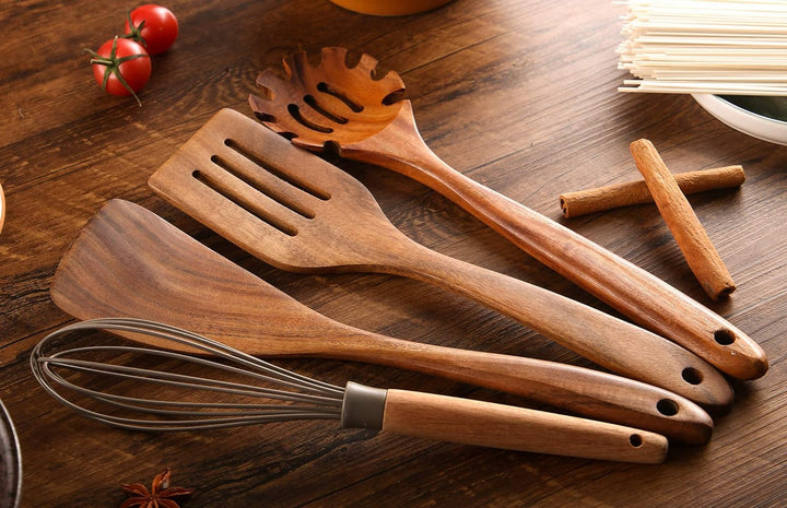 NAYAHOSE Holzutensilien zum Kochen, 10 Stück, Teakholz Kochlöffel und Spatel zum Kochen, inklusive L