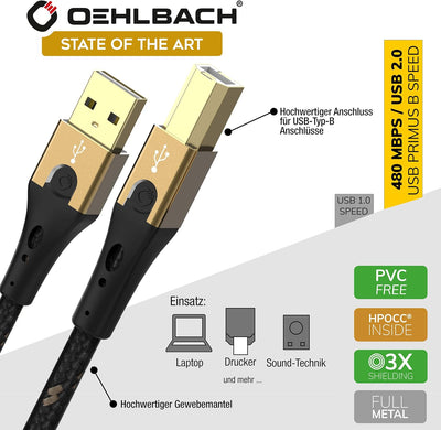 Oehlbach Primus USB-Kabel Typ B 2.0 - State of The Art - High Speed 480 Mb/s hochflexibel Metallstec