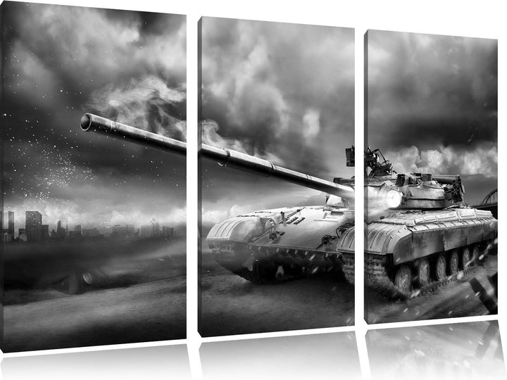 Pixxprint Panzer im Nebel 3Teiler 120x80 cm Leinwandbild Wandbild Kunstdruck