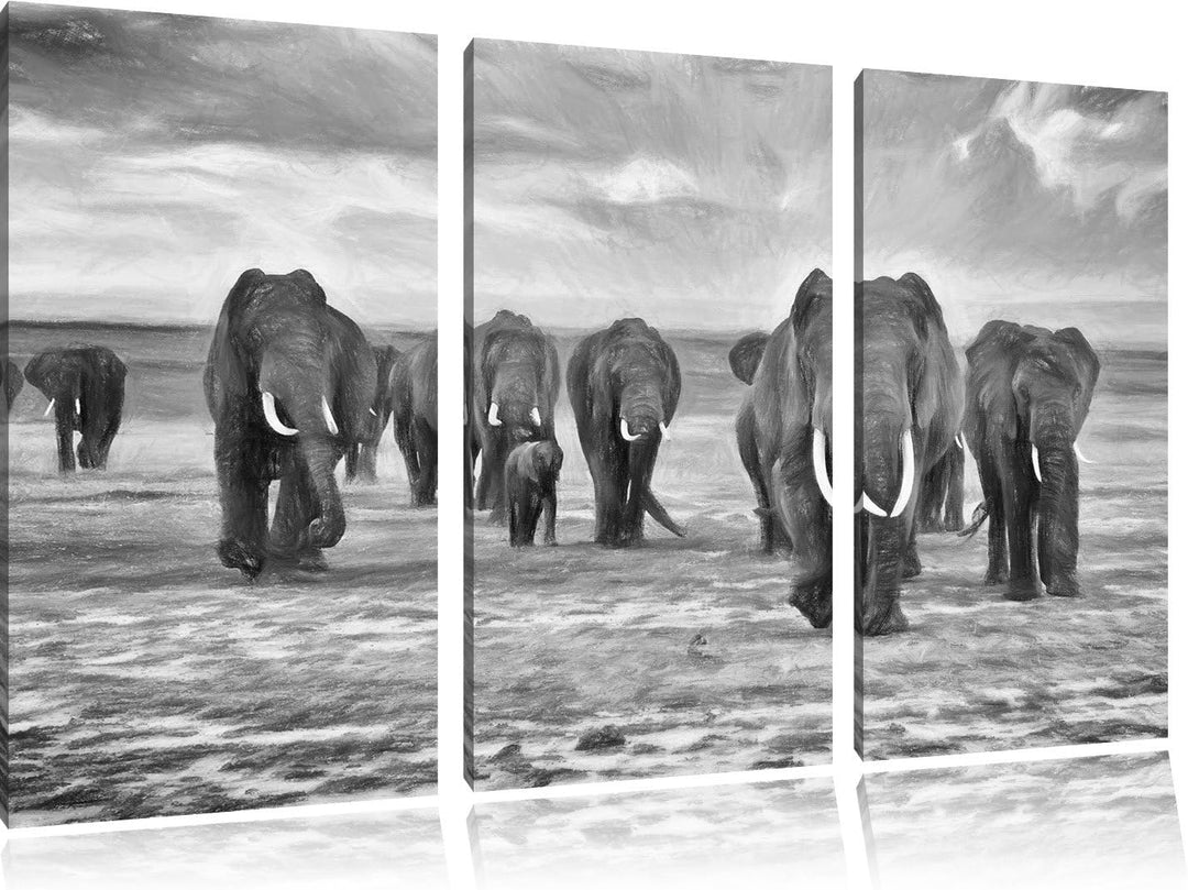 Pixxprint Elefanten Familie in der Savanne / 3-Teilig/Gesamtmass 120cm Leinwandbild bespannt auf Hol