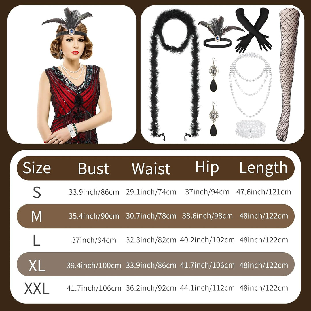 Blulu 9 Stück 1920er Jahre Damen Flapper Kleid Kostüm Set V Ausschnitt Pailletten Perlen Swing Frans