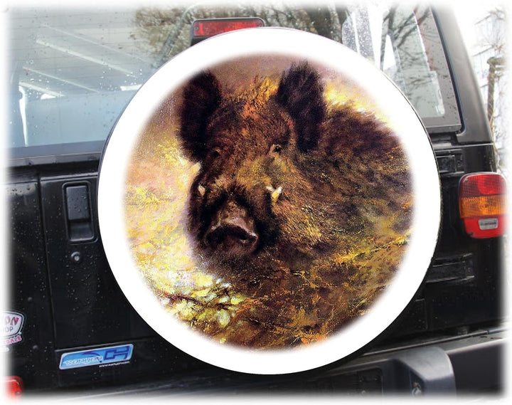 AB3-00183 2 Wildschwein Keiler Reserveradabdeckung 79x30 cm aus Planenmaterial und Kunstleder Reserv