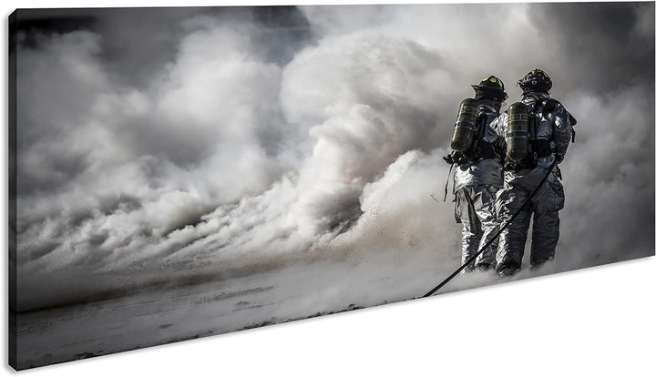 Helden des Feuers - Die Feuerwehr Panorama 100x50 cm als Leinwandbild, Motiv fertig gerahmt auf Echt