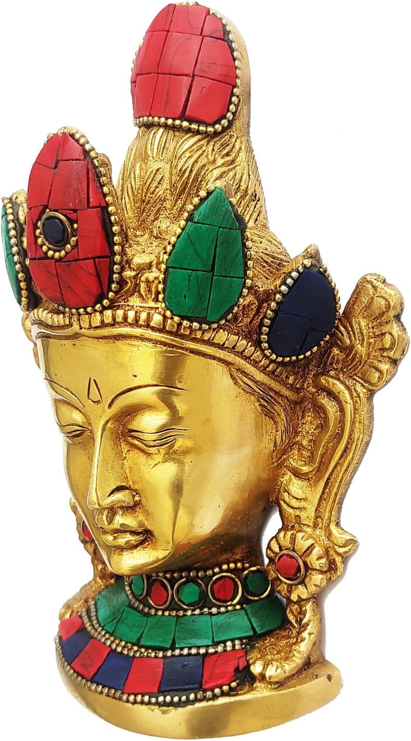 Purpledip Buddhist Goddess Tara Mask (Wall Hanging), Pure Brass with gemstone work (10649)