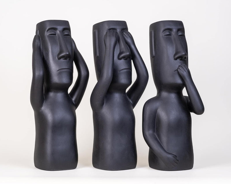 IDYL Moderne Skulptur Figur Sandsteinguss Osterinsel Köpfe Gross |3er- Set | schwarz | ca 19x18x51 c